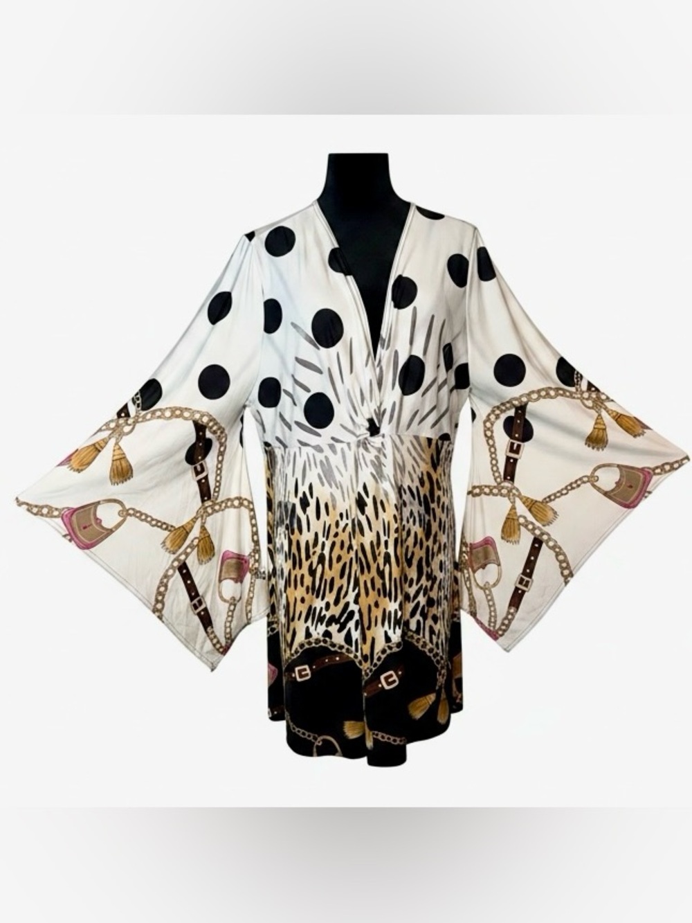 Ashley Stewart Polka Dot & Leopard Open Front Tunic w/ Bell Sleeves, Size 22/24